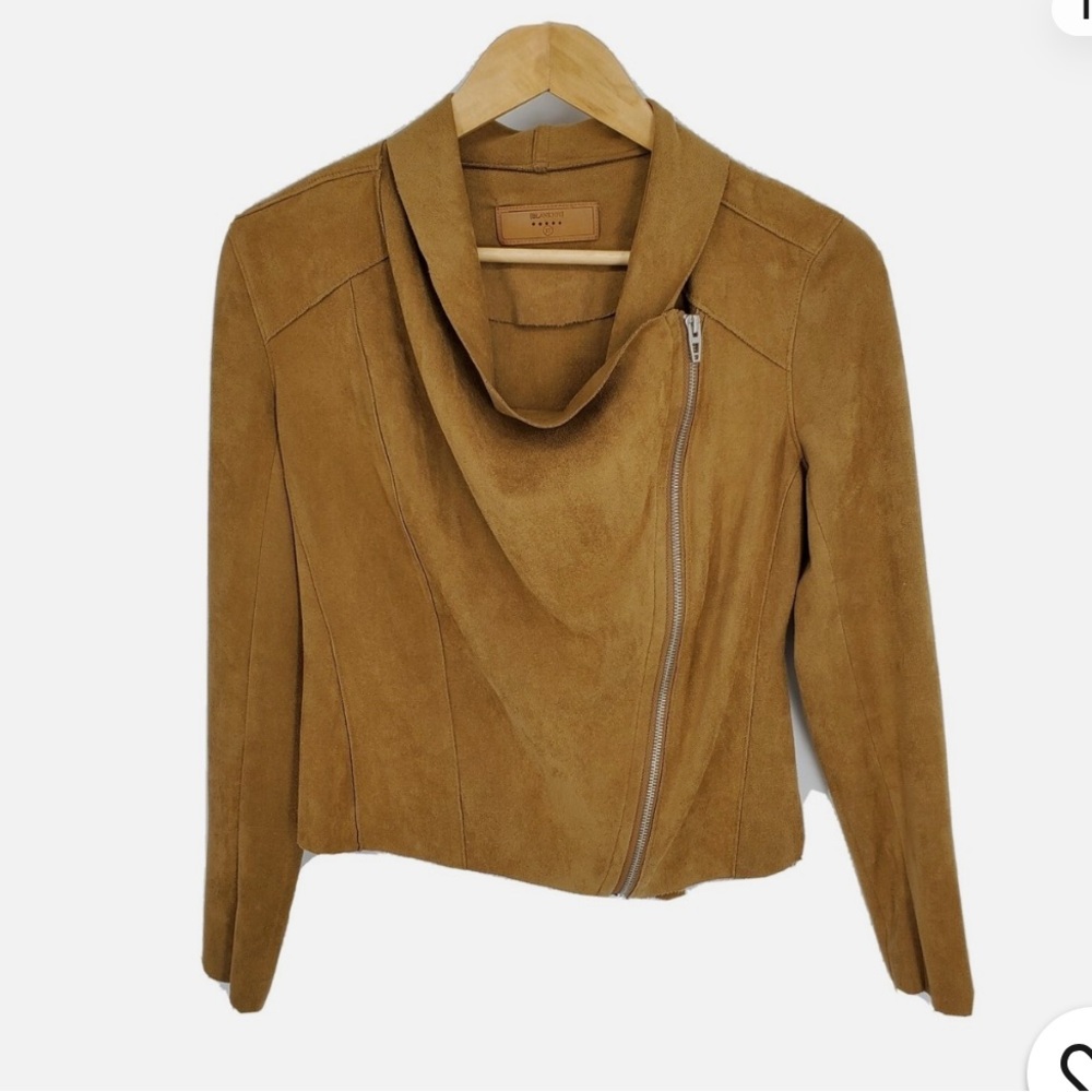 BlankNYC Womens Faux Suede Drape Front Moto Jacket Full Zip Camel Brown